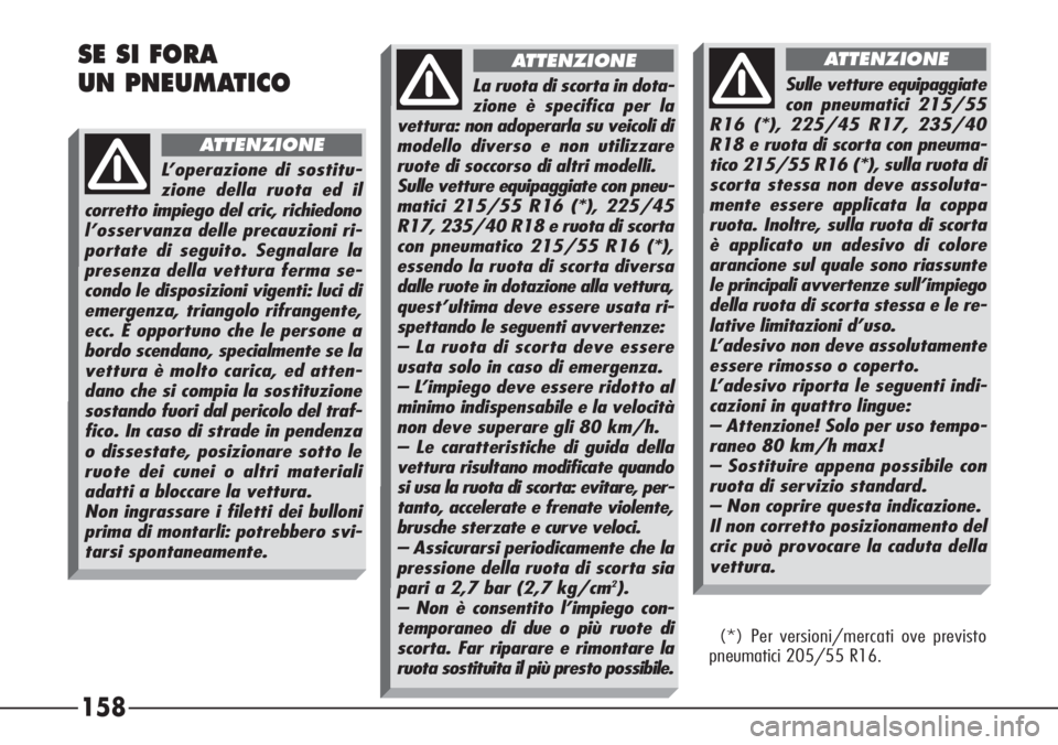 Alfa Romeo 166 2006  Libretto Uso Manutenzione (in Italian) 158 SE SI FORA 
UN PNEUMATICO
L’operazione di sostitu-
zione della ruota ed il
corretto impiego del cric, richiedono
l’osservanza delle precauzioni ri-
portate di seguito. Segnalare la
presenza de