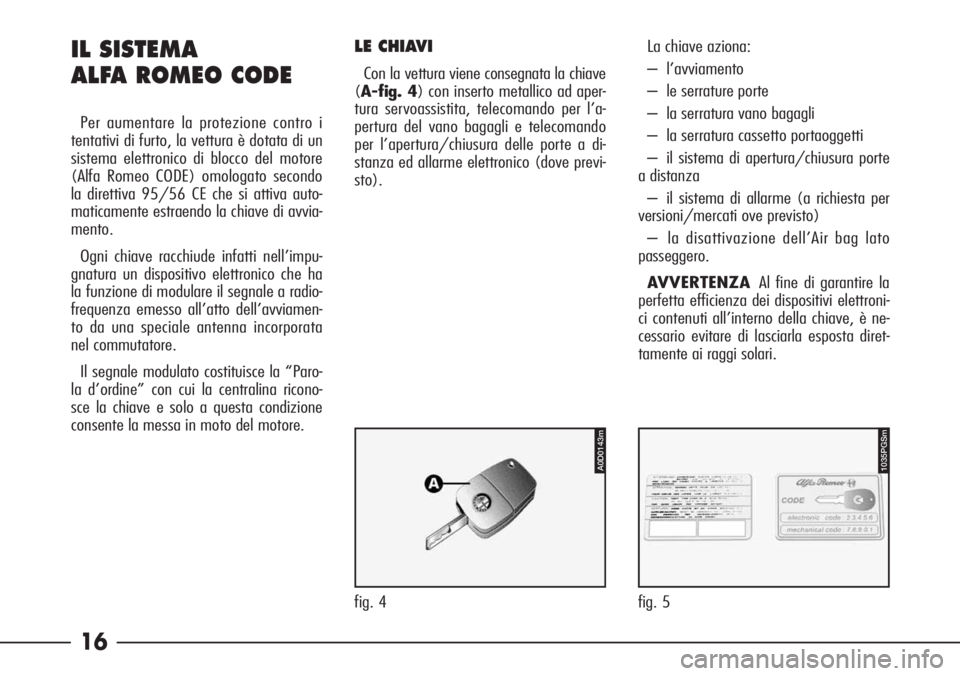 Alfa Romeo 166 2006  Libretto Uso Manutenzione (in Italian) 16
1035PGSm
fig. 5
A0D0143m
fig. 4
IL SISTEMA 
ALFA ROMEO CODE
Per aumentare la protezione contro i
tentativi di furto, la vettura è dotata di un
sistema elettronico di blocco del motore
(Alfa Romeo 
