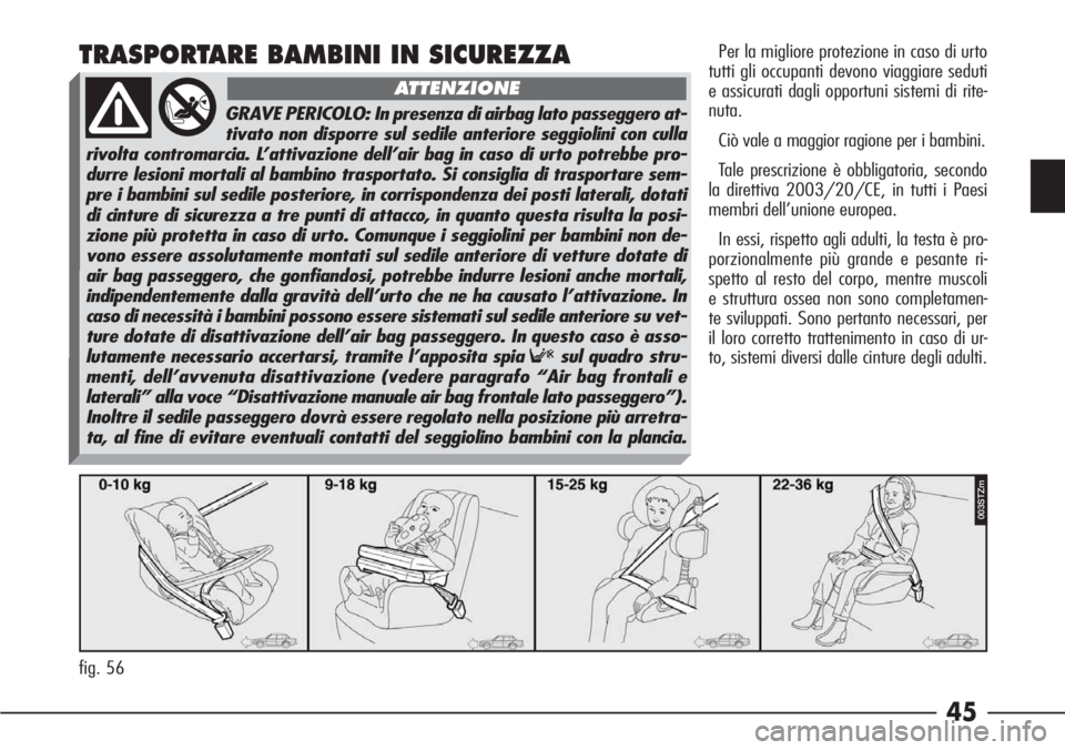 Alfa Romeo 166 2006  Libretto Uso Manutenzione (in Italian) 45
TRASPORTARE BAMBINI IN SICUREZZAPer la migliore protezione in caso di urto
tutti gli occupanti devono viaggiare seduti
e assicurati dagli opportuni sistemi di rite-
nuta.
Ciò vale a maggior ragion