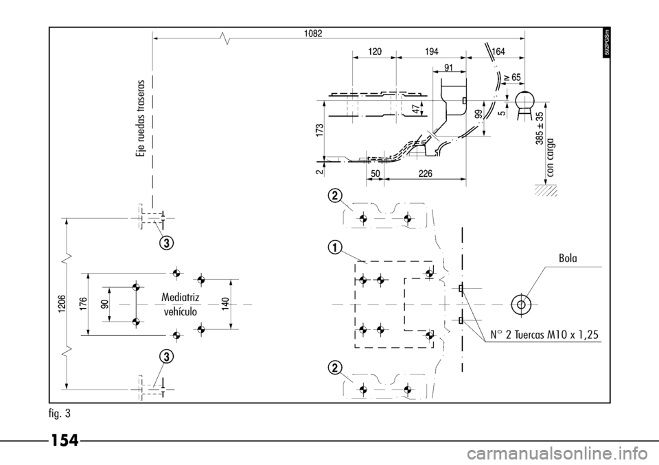 Alfa Romeo 166 2007  Manual de Empleo y Cuidado (in Spanish) 154
592PGSm
fig. 3
Eje ruedas traseras
Mediatriz
vehículo
N° 2 Tuercas M10 x 1,25Bola
con carga  