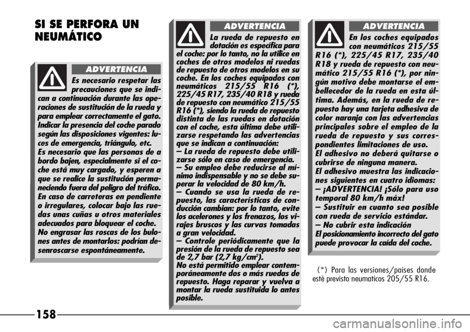 Alfa Romeo 166 2007 Manual de Empleo y Cuidado (in Spanish) 158 SI SE PERFORA UN
NEUMÁTICO
Es necesario respetar las
precauciones que se indi-
can a continuación durante las ope-
raciones de sustitución de la rueda y
para emplear correctamente el gato.
Indi Alfa Romeo 166 2007 Manual de Empleo y Cuidado (in Spanish) 158 SI SE PERFORA UN
NEUMÁTICO
Es necesario respetar las
precauciones que se indi-
can a continuación durante las ope-
raciones de sustitución de la rueda y
para emplear correctamente el gato.
Indi