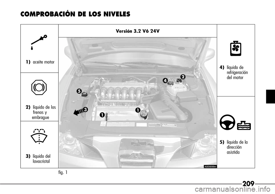 Alfa Romeo 166 2007  Manual de Empleo y Cuidado (in Spanish) 209
Versión 3.2 V6 24V
fig. 1
k
1)aceite motor
π
2)líquido de los
frenos y 
embrague
+
3)líquido del 
lavacristal
n
4)líquido de 
refrigeración
del motor
∂
5)líquido de la
dirección
asistida