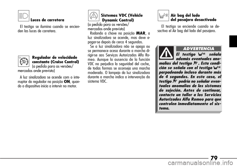 Alfa Romeo 166 2007 Manual de Empleo y Cuidado (in Spanish) 79
Luces de carretera
El testigo se ilumina cuando se encien-
den las luces de carretera.
Regulador de velocidade
constante (Cruise Control)
(a pedido para as versões/
mercados onde previsto)
A luz Alfa Romeo 166 2007 Manual de Empleo y Cuidado (in Spanish) 79
Luces de carretera
El testigo se ilumina cuando se encien-
den las luces de carretera.
Regulador de velocidade
constante (Cruise Control)
(a pedido para as versões/
mercados onde previsto)
A luz