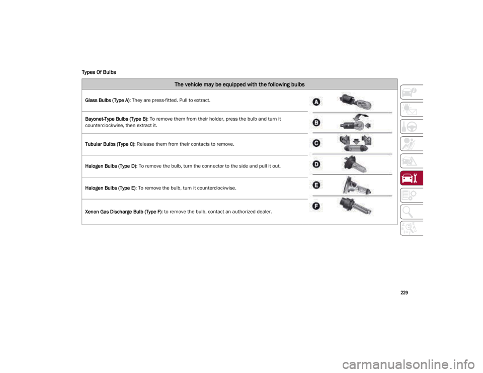 ALFA ROMEO GIULIA 2021  Owners Manual 
229

Types Of Bulbs
The vehicle may be equipped with the following bulbs
Glass Bulbs (Type A): They are press-fitted. Pull to extract.
Bayonet-Type Bulbs (Type B) : To remove them from their holder, 