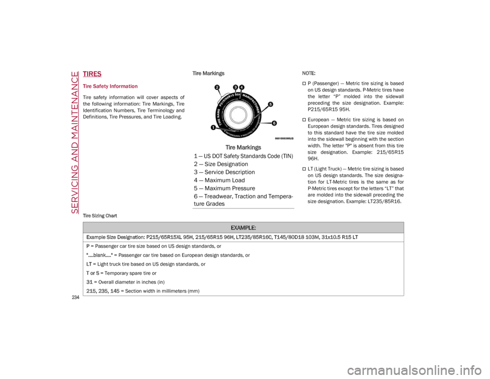 ALFA ROMEO GIULIA 2021  Owners Manual SERVICING AND MAINTENANCE

234

TIRES
Tire Safety Information 
Tire  safety  information  will  cover  aspects  of
the  following  information:  Tire  Markings,  Tire
Identification  Numbers,  Tire  T