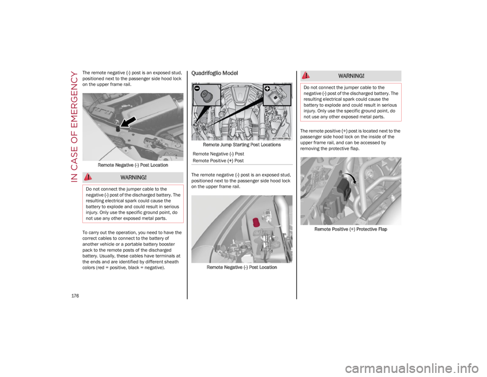 ALFA ROMEO GIULIA 2022 Owners Manual IN CASE OF EMERGENCY
176
The remote negative (-) post is an exposed stud,
positioned next to the passenger side hood lock
on the upper frame rail.
Remote Negative (-) Post Location
To carry out th ALFA ROMEO GIULIA 2022 Owners Manual IN CASE OF EMERGENCY
176
The remote negative (-) post is an exposed stud,
positioned next to the passenger side hood lock
on the upper frame rail.
Remote Negative (-) Post Location
To carry out th