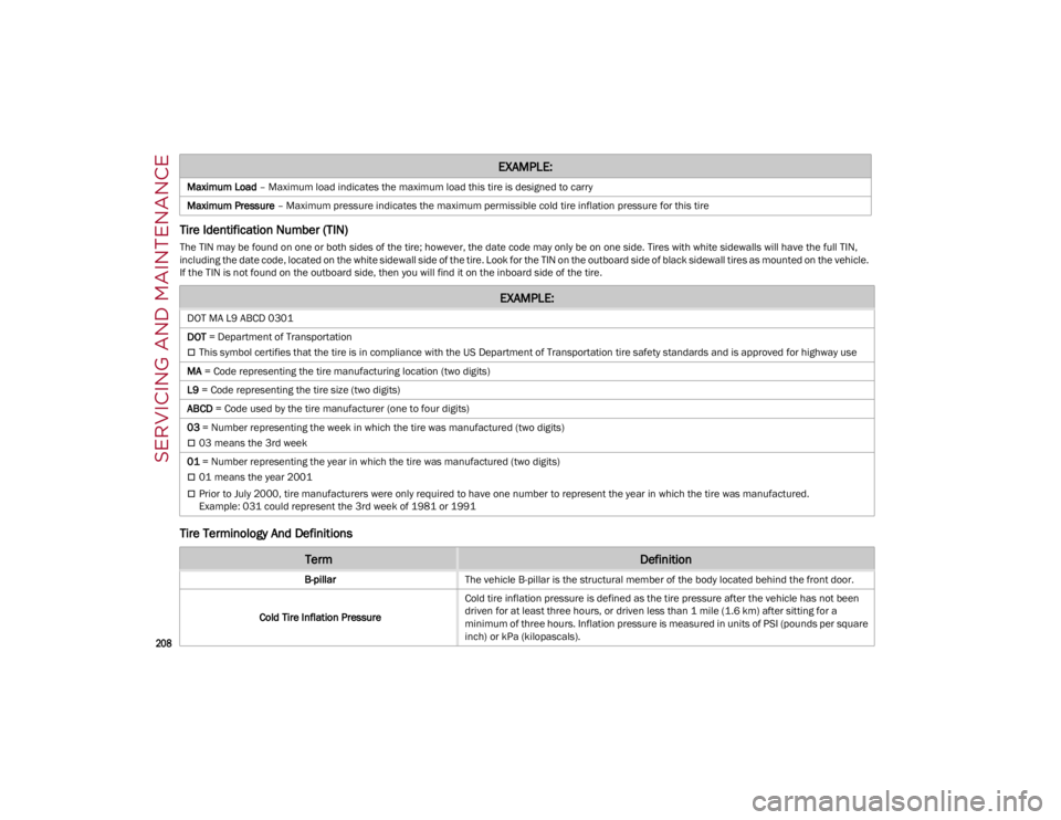 ALFA ROMEO GIULIA 2022 Owners Manual SERVICING AND MAINTENANCE
208
Tire Identification Number (TIN)
The TIN may be found on one or both sides of the tire; however, the date code may only be on one side. Tires with white sidewalls will ALFA ROMEO GIULIA 2022 Owners Manual SERVICING AND MAINTENANCE
208
Tire Identification Number (TIN)
The TIN may be found on one or both sides of the tire; however, the date code may only be on one side. Tires with white sidewalls will