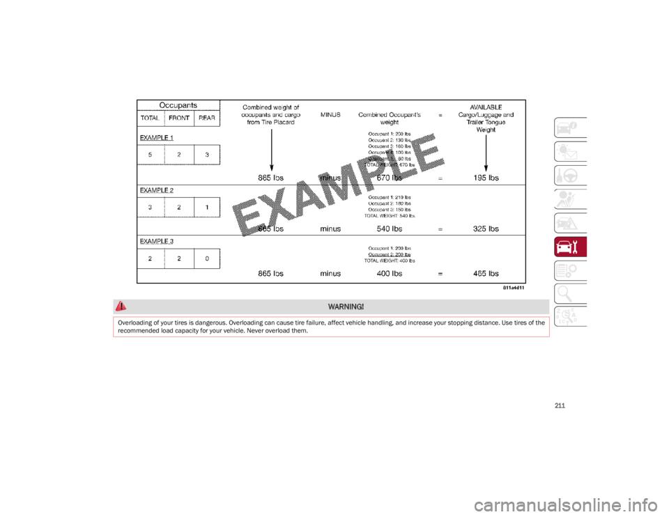 ALFA ROMEO GIULIA 2022  Owners Manual 
211

 WARNING!
Overloading of your tires is dangerous. Overloading can cause tire failure, affect vehicle handling, and increase your stopping distance. Use tires of the 
recommended load capacity fo