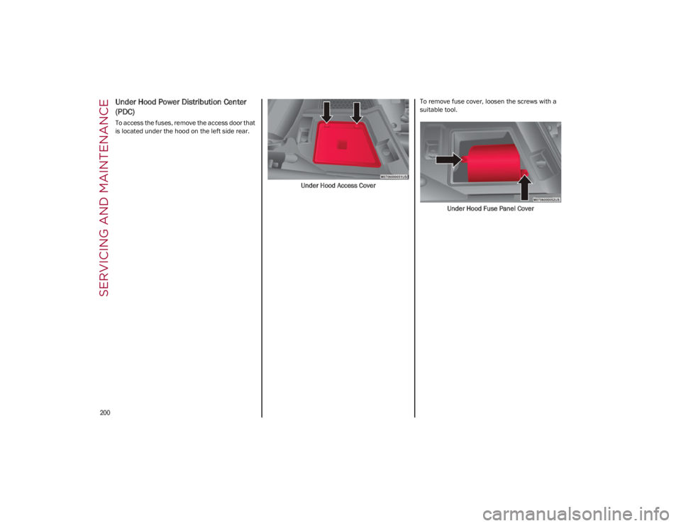 ALFA ROMEO GIULIA 2023  Owners Manual SERVICING AND MAINTENANCE

200

Under Hood Power Distribution Center 
(PDC)
To access the fuses, remove the access door that 
is located under the hood on the left side rear.Under Hood Access CoverTo 