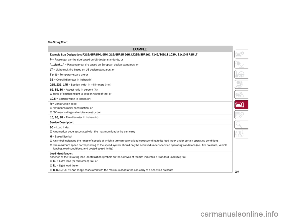 ALFA ROMEO GIULIA 2023  Owners Manual 
207

Tire Sizing Chart 
EXAMPLE:
Example Size Designation: P215/65R15XL 95H, 215/65R15 96H, LT235/85R16C, T145/80D18 103M, 31x10.5 R15 LT
P
 = Passenger car tire size based on US design standards, or