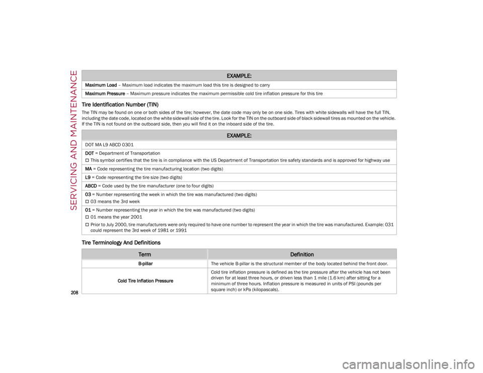 ALFA ROMEO GIULIA 2023  Owners Manual SERVICING AND MAINTENANCE

208

Tire Identification Number (TIN)
The TIN may be found on one or both sides of the tire; however, the date code may only be on one side. Tires with white sidewalls will 