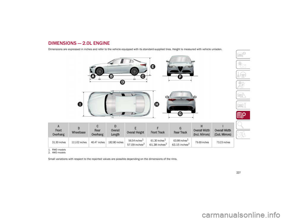 ALFA ROMEO GIULIA 2023  Owners Manual 
227

DIMENSIONS — 2.0L ENGINE
Dimensions are expressed in inches and refer to the vehicle equipped with its standard-supplied tires. Height is measured with vehicle unladen.
Small variations with r