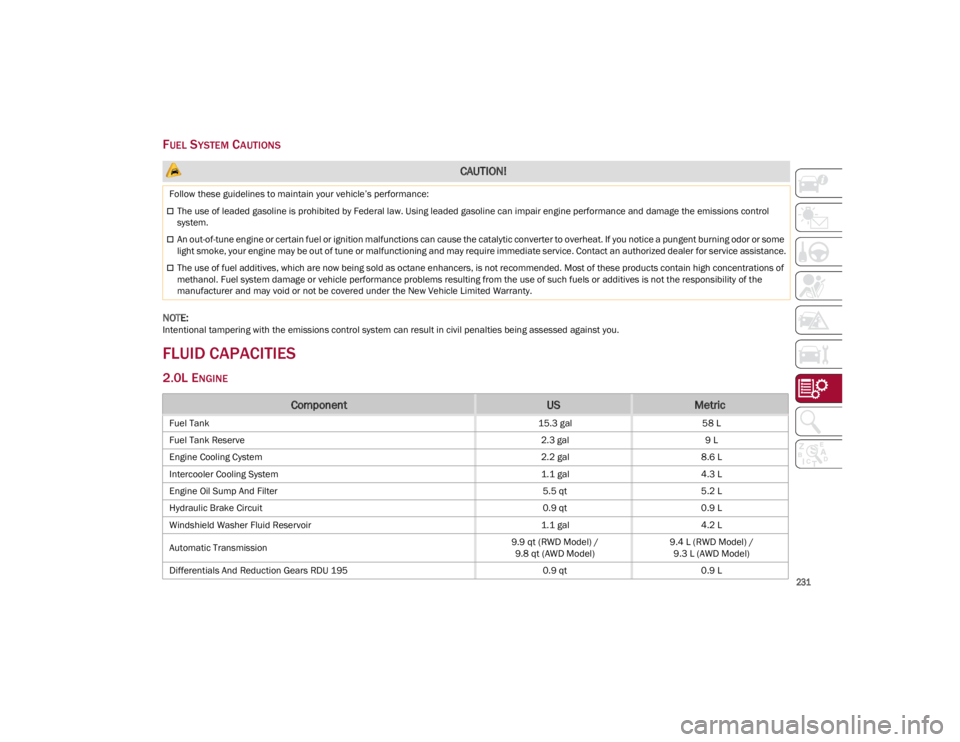 ALFA ROMEO GIULIA 2023  Owners Manual 
231

FUEL SYSTEM CAUTIONS

NOTE:
Intentional tampering with the emissions control system can result in civil penalties being assessed against you.
FLUID CAPACITIES
2.0L ENGINE
 CAUTION!
Follow these 