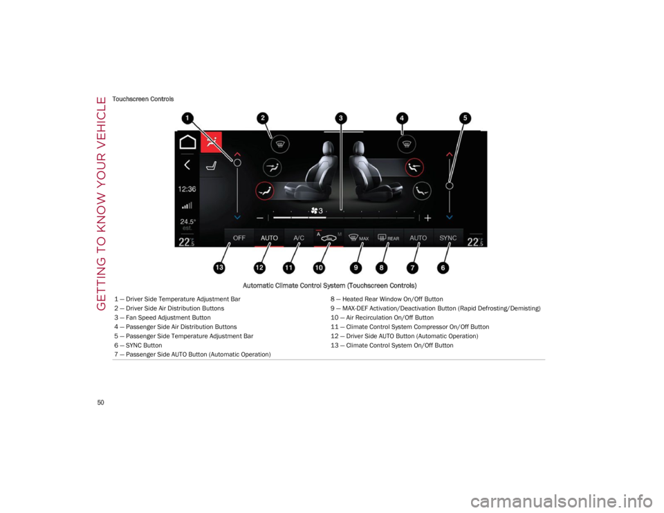ALFA ROMEO GIULIA 2023  Owners Manual GETTING TO KNOW YOUR VEHICLE

50
Touchscreen Controls
Automatic Climate Control System (Touchscreen Controls)
1 — Driver Side Temperature Adjustment Bar
8 — Heated Rear Window On/Off Button
2 — 