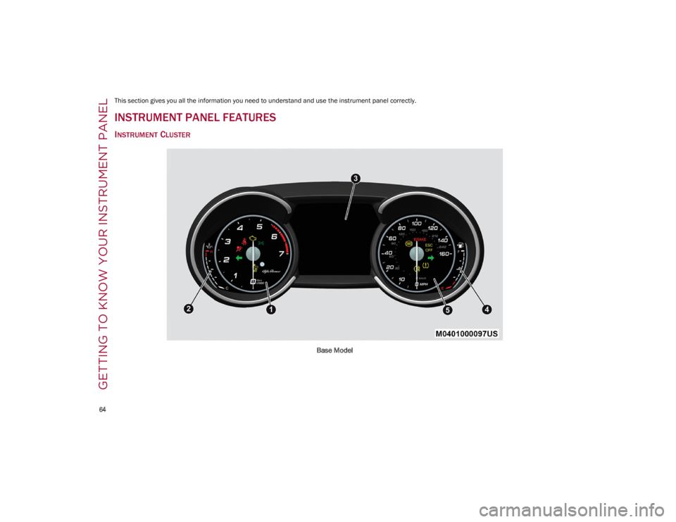 ALFA ROMEO GIULIA 2023  Owners Manual 
64

GETTING TO KNOW YOUR INSTRUMENT PANEL
This section gives you all the information you need to understand and use the instrument panel correctly.
INSTRUMENT PANEL FEATURES
INSTRUMENT CLUSTER
Base M
