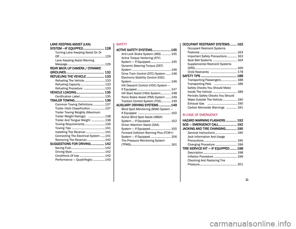 ALFA ROMEO STELVIO 2021  Owners Manual 
11

LANE KEEPING ASSIST (LKA) 
SYSTEM —IF EQUIPPED......................... 128
Turning Lane Keeping Assist On Or
Off ......................................................... 129 Lane Keeping Assi