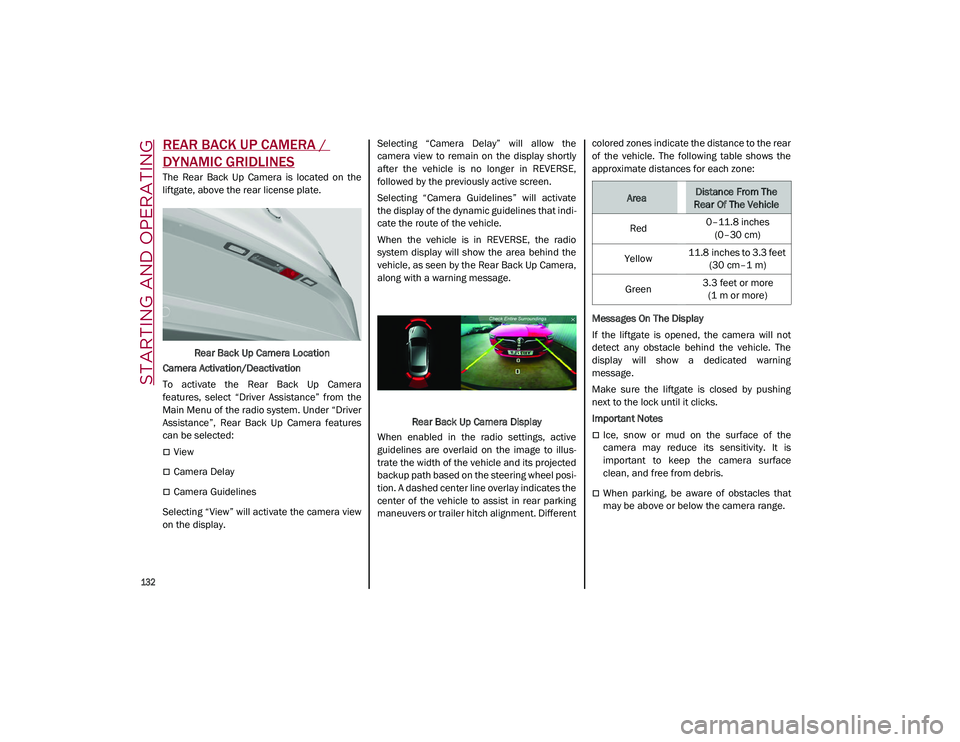 ALFA ROMEO STELVIO 2021  Owners Manual STARTING AND OPERATING

132

REAR BACK UP CAMERA / 
DYNAMIC GRIDLINES
The  Rear  Back  Up  Camera  is  located  on  the
liftgate, above the rear license plate.Rear Back Up Camera Location
Camera Activ