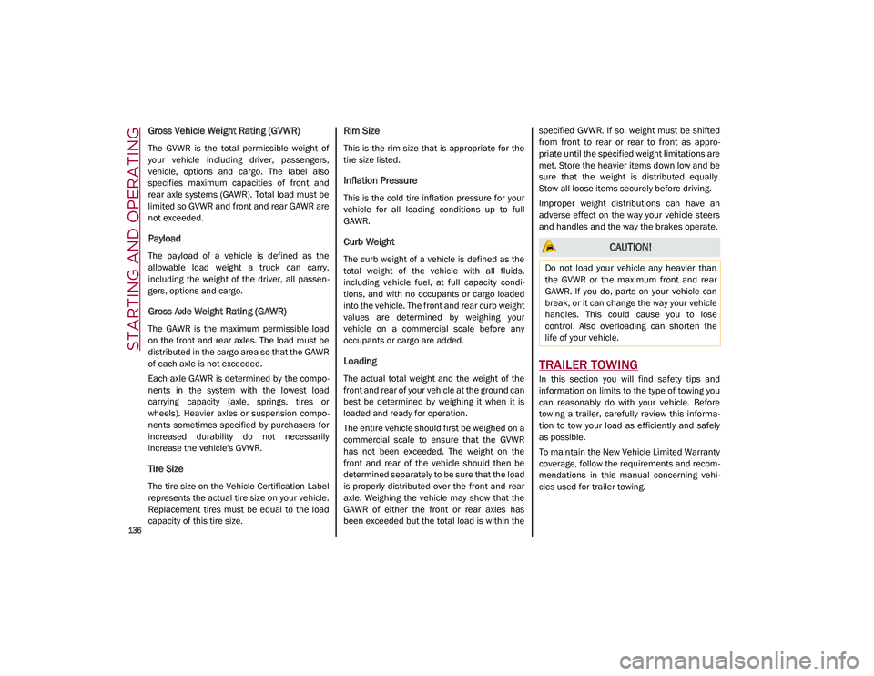 ALFA ROMEO STELVIO 2021  Owners Manual STARTING AND OPERATING

136

Gross Vehicle Weight Rating (GVWR) 
The  GVWR  is  the  total  permissible  weight  of
your  vehicle  including  driver,  passengers,
vehicle,  options  and  cargo.  The  