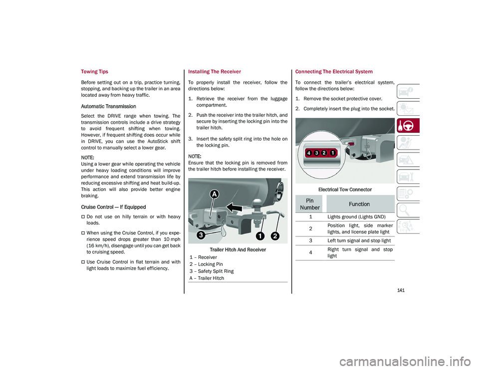 ALFA ROMEO STELVIO 2021  Owners Manual 
141

Towing Tips 
Before  setting  out  on  a  trip,  practice  turning,
stopping, and backing up the trailer in an area
located away from heavy traffic.
Automatic Transmission
Select  the  DRIVE  ra