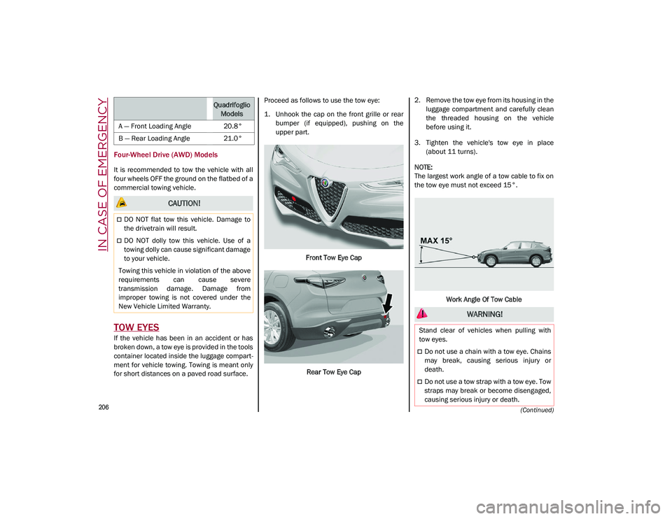 ALFA ROMEO STELVIO 2021  Owners Manual IN CASE OF EMERGENCY

206
(Continued)
Four-Wheel Drive (AWD) Models
It  is  recommended  to  tow  the  vehicle  with  all
four wheels OFF the ground on the flatbed of a
commercial towing vehicle.
TOW 