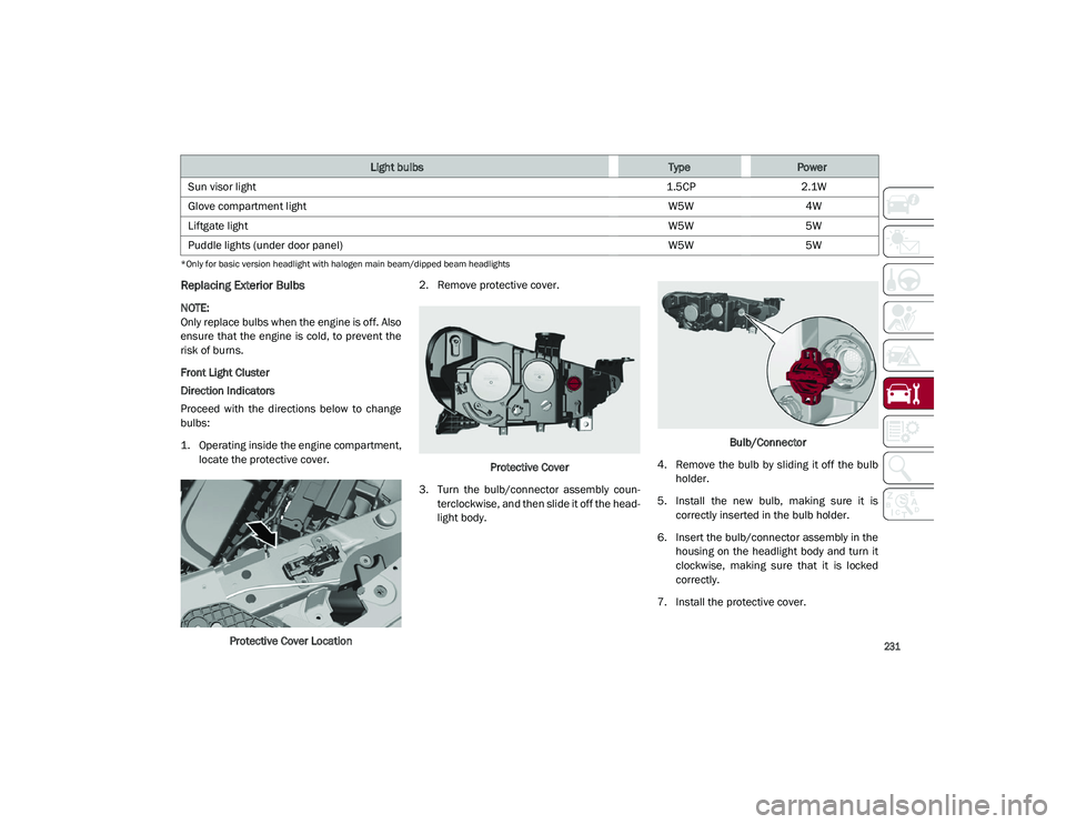 ALFA ROMEO STELVIO 2021  Owners Manual 
231

*Only for basic version headlight with halogen main beam/dipped beam headlights
Replacing Exterior Bulbs

NOTE:

Only replace bulbs when the engine is off. Also
ensure  that  the engine  is  col