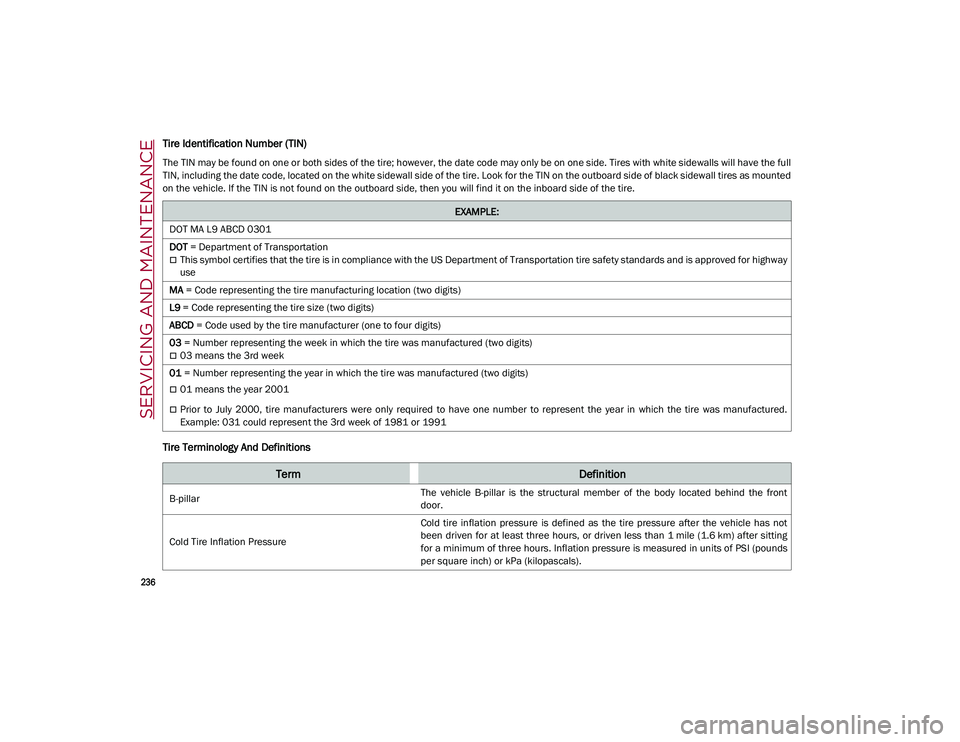 ALFA ROMEO STELVIO 2021  Owners Manual SERVICING AND MAINTENANCE

236

Tire Identification Number (TIN)
The TIN may be found on one or both sides of the tire; however, the date code may only be on one side. Tires with white sidewalls will 