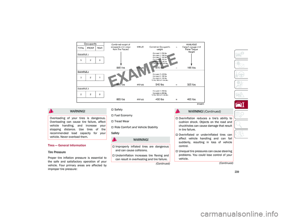 ALFA ROMEO STELVIO 2021 Owners Manual
239
(Continued)
(Conti n
ued)
Tires — General Information
Tire Pressure
Proper tire inflation pressure is essential to
the safe and satisfactory operation of your
vehicle. Four pr ALFA ROMEO STELVIO 2021 Owners Manual
239
(Continued)
(Conti n
ued)
Tires — General Information
Tire Pressure
Proper tire inflation pressure is essential to
the safe and satisfactory operation of your
vehicle. Four pr