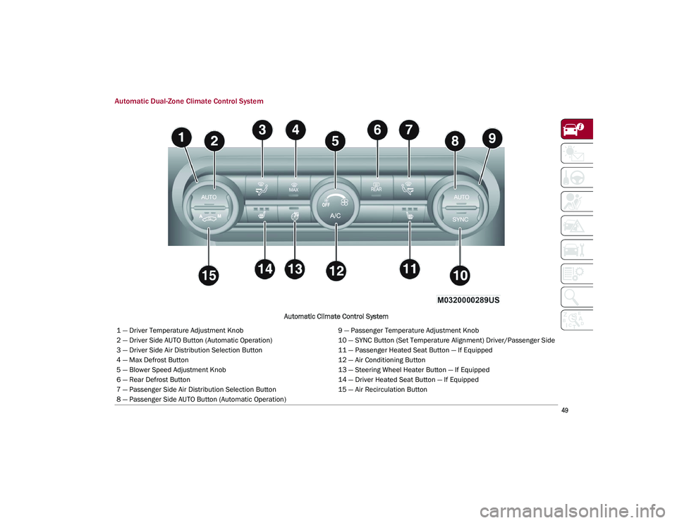 ALFA ROMEO STELVIO 2021  Owners Manual 
49

Automatic Dual-Zone Climate Control System 
Automatic Climate Control System
1 — Driver Temperature Adjustment Knob 9 — Passenger Temperature Adjustment Knob
2 — Driver Side AUTO Button (Au