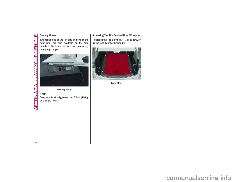 ALFA ROMEO STELVIO 2021  Owners Manual GETTING TO KNOW YOUR VEHICLE

66

Grocery Hooks
Two hooks (one on the left side and one on the
right  side)  are  also  available  on  the  side
panels  to  fix  loads  that  are  not  excessively
hea