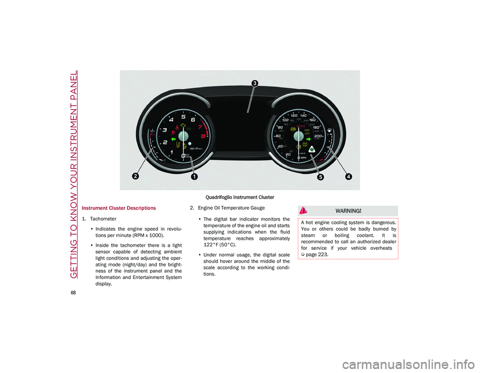 ALFA ROMEO STELVIO 2021  Owners Manual GETTING TO KNOW YOUR INSTRUMENT PANEL

68

Quadrifoglio Instrument Cluster
Instrument Cluster Descriptions
1. Tachometer•Indicates  the  engine  speed  in  revolu-
tions per minute (RPM x 1000).
•