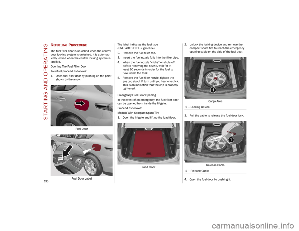 ALFA ROMEO STELVIO 2023  Owners Manual STARTING AND OPERATING

130

REFUELING PROCEDURE 
The fuel filler door is unlocked when the central 
door locking system is unlocked. It is automat-
ically locked when the central locking system is 
a