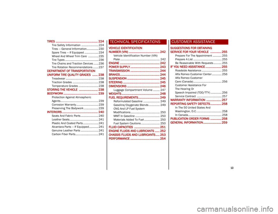 ALFA ROMEO STELVIO 2023  Owners Manual 
13

TIRES  ..................................................... 224
Tire Safety Information  ....................... 224
Tires — General Information................ 230
Spare Tires — If Equipped
