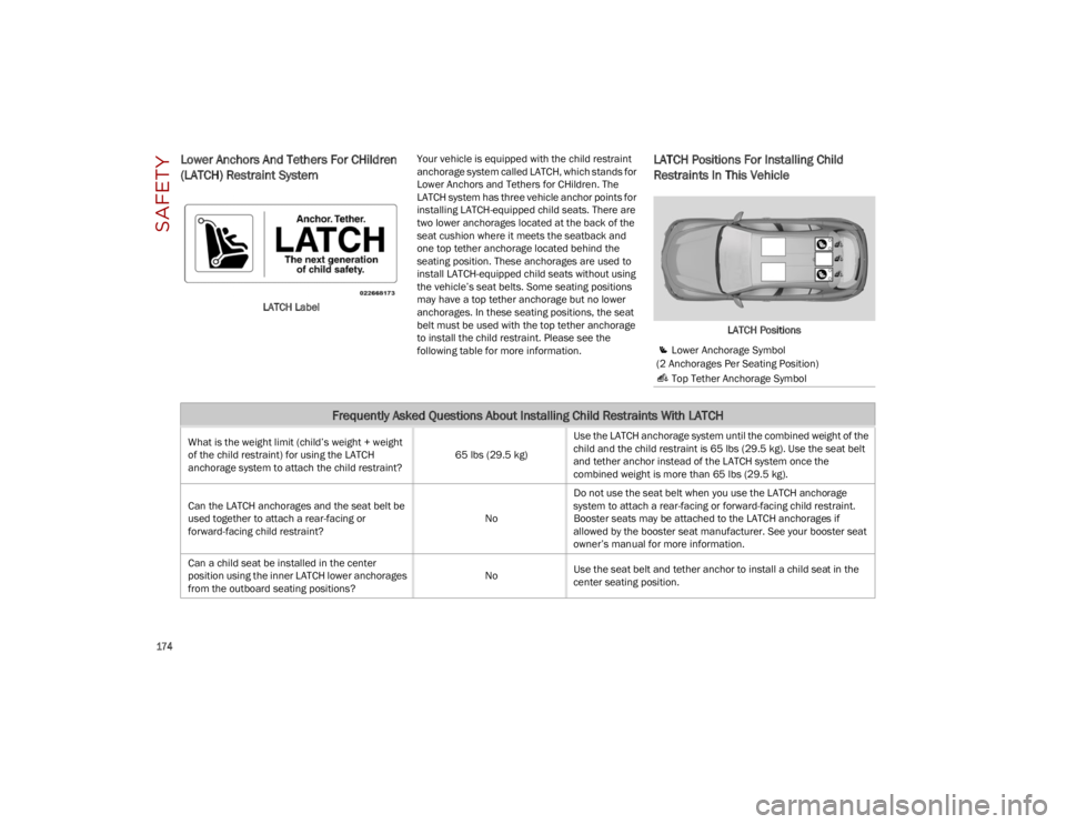 ALFA ROMEO STELVIO 2023  Owners Manual SAFETY

174

Lower Anchors And Tethers For CHildren 
(LATCH) Restraint System 
LATCH LabelYour vehicle is equipped with the child restraint 
anchorage system called LATCH, which stands for 
Lower Anch