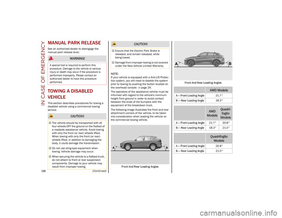 ALFA ROMEO STELVIO 2023  Owners Manual IN CASE OF EMERGENCY

196
(Continued)
MANUAL PARK RELEASE
See an authorized dealer to disengage the 
manual park release lever.
TOWING A DISABLED 
VEHICLE 
This section describes procedures for towing
