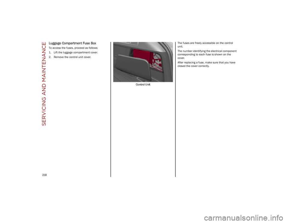 ALFA ROMEO STELVIO 2023  Owners Manual SERVICING AND MAINTENANCE

218

Luggage Compartment Fuse Box
To access the fuses, proceed as follows:
1. Lift the luggage compartment cover.
2. Remove the control unit cover.Control UnitThe fuses are 