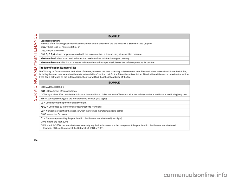ALFA ROMEO STELVIO 2023  Owners Manual SERVICING AND MAINTENANCE

226

Tire Identification Number (TIN)
The TIN may be found on one or both sides of the tire; however, the date code may only be on one side. Tires with white sidewalls will 
