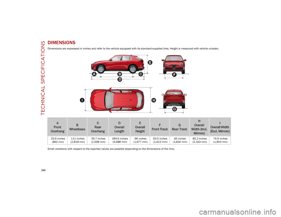 ALFA ROMEO STELVIO 2023  Owners Manual TECHNICAL SPECIFICATIONS

246

DIMENSIONS
Dimensions are expressed in inches and refer to the vehicle equipped with its standard-supplied tires. Height is measured with vehicle unladen.
Small variatio