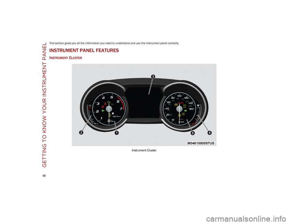 ALFA ROMEO STELVIO 2023  Owners Manual 
68

GETTING TO KNOW YOUR INSTRUMENT PANEL
This section gives you all the information you need to understand and use the instrument panel correctly.
INSTRUMENT PANEL FEATURES 
INSTRUMENT CLUSTER 
Inst