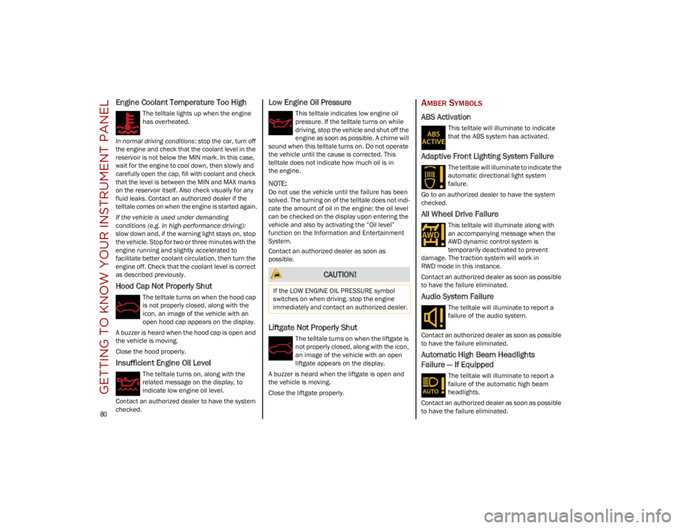 ALFA ROMEO STELVIO 2023  Owners Manual GETTING TO KNOW YOUR INSTRUMENT PANEL

80

Engine Coolant Temperature Too High 
The telltale lights up when the engine 
has overheated.

In normal driving conditions : stop the car, turn off 
the engi