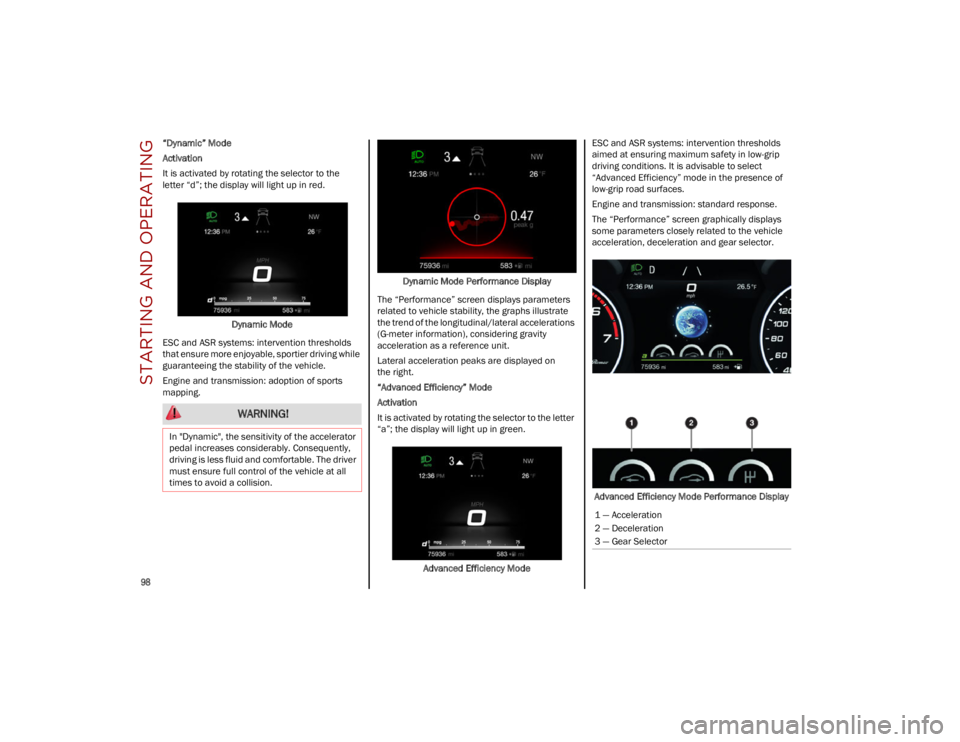 ALFA ROMEO STELVIO 2023  Owners Manual STARTING AND OPERATING

98

“Dynamic” Mode
Activation
It is activated by rotating the selector to the
letter “d”; the display will light up in red.Dynamic Mode
ESC and ASR systems: interventio