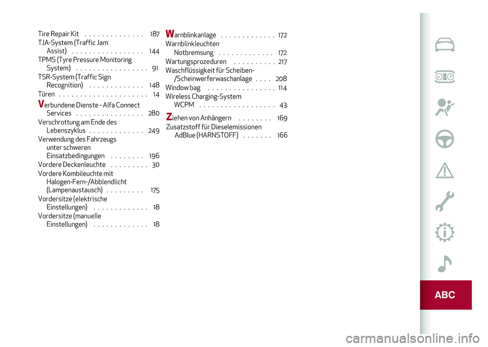 Alfa Romeo Giulia 2020  Betriebsanleitung (in German) �*���	 ��	�(��� �3�� � � � � � � � � � � � � � � �L�<�O
�*�J��A��)�
��	� �7�*������& �J��
��
�
��
��8 � � � � � � � � � � � � � � � � � �L�N�N
�*�2