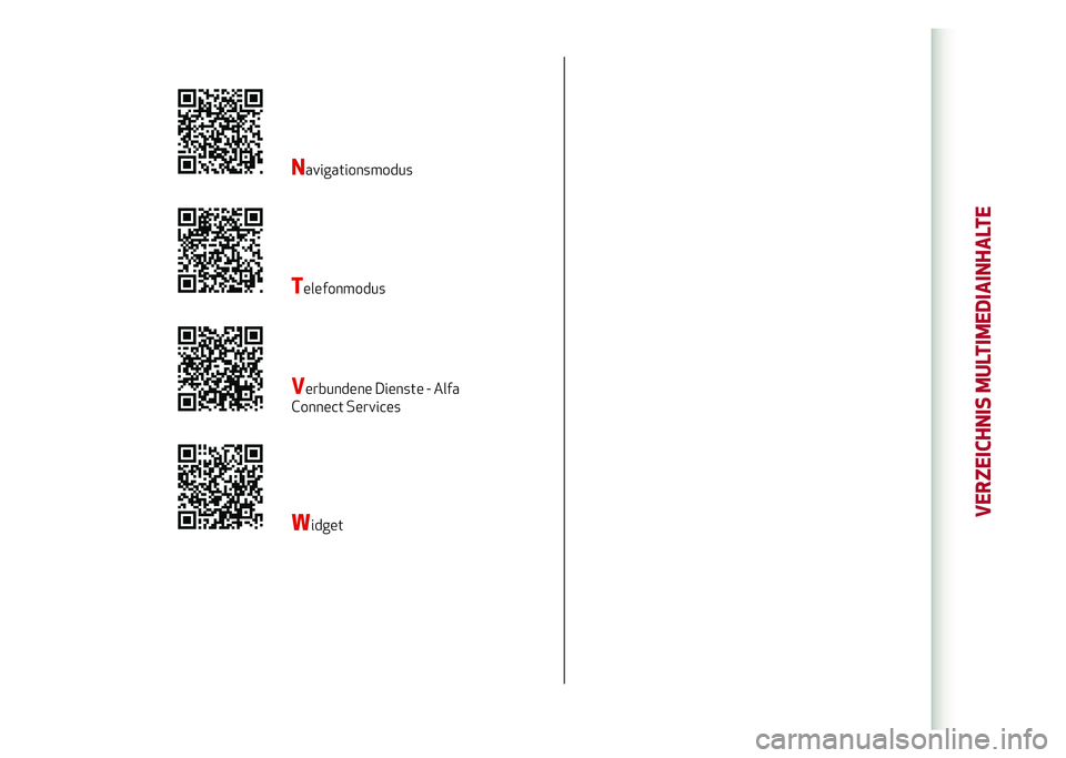 Alfa Romeo Giulia 2020  Betriebsanleitung (in German) Navigationsmodus
Telefonmodus
Verbundene Dienste - Alfa 
Connect Services
WidgetVERZEICHNIS MULTIMEDIAINHALTE  