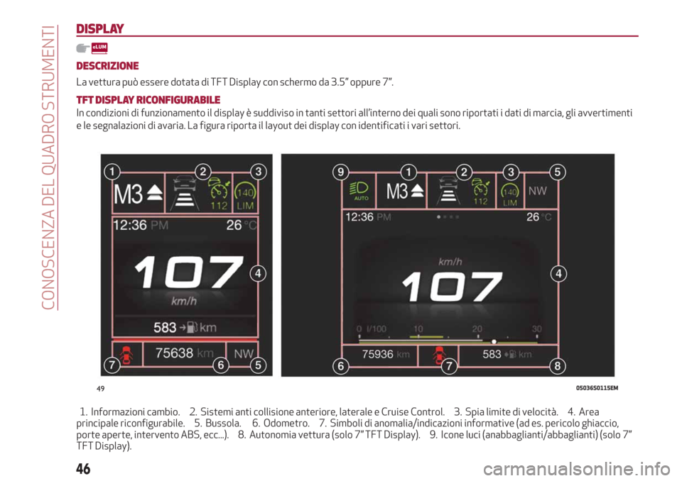 Alfa Romeo Giulia 2019  Manuale del proprietario (in Italian) DISPLAY
DESCRIZIONE
La vettura può essere dotata di TFT Display con schermo da 3.5” oppure 7”.
TFT DISPLAY RICONFIGURABILE
In condizioni di funzionamento il display è suddiviso in tanti settori 