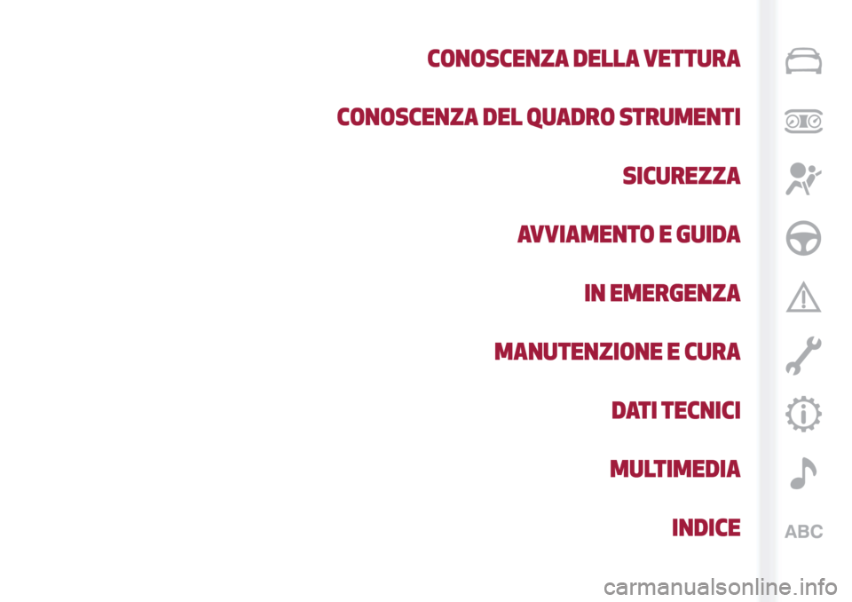 Alfa Romeo Giulia 2019  Manuale del proprietario (in Italian) CONOSCENZA DELLA VETTURA
CONOSCENZA DEL QUADRO STRUMENTI
SICUREZZA
AVVIAMENTO E GUIDA
IN EMERGENZA
MANUTENZIONE E CURA
DATI TECNICI
MULTIMEDIA
INDICE 