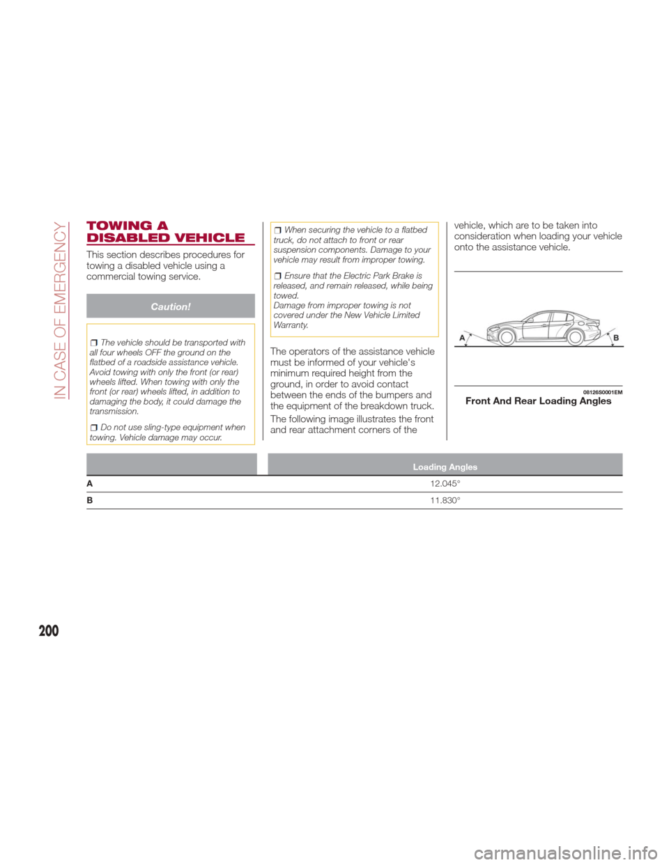 Alfa Romeo Giulia 2017  Owners Manual TOWING A
DISABLED VEHICLE
This section describes procedures for
towing a disabled vehicle using a
commercial towing service.
Caution!
The vehicle should be transported with
all four wheels OFF the gro