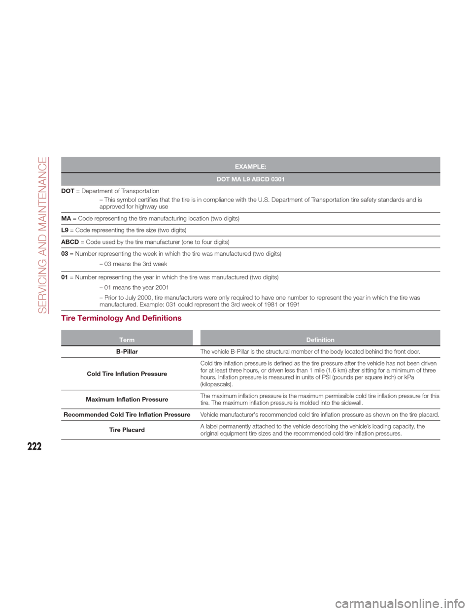 Alfa Romeo Giulia 2017  Owners Manual EXAMPLE:
DOT MA L9 ABCD 0301
DOT =
Department of Transportation
– This symbol certifies that the tire is in compliance with the U.S. Department of Transportation tire safety standards and is
approve