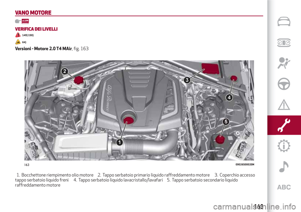 Alfa Romeo Giulia 2017  Manuale del proprietario (in Italian) VANO MOTORE
VERIFICA DEI LIVELLI
149) 150)
64)
Versioni - Motore 2.0 T4 MAir, fig. 163
1. Bocchettone riempimento olio motore 2. Tappo serbatoio primario liquido raffreddamento motore 3. Coperchio acc