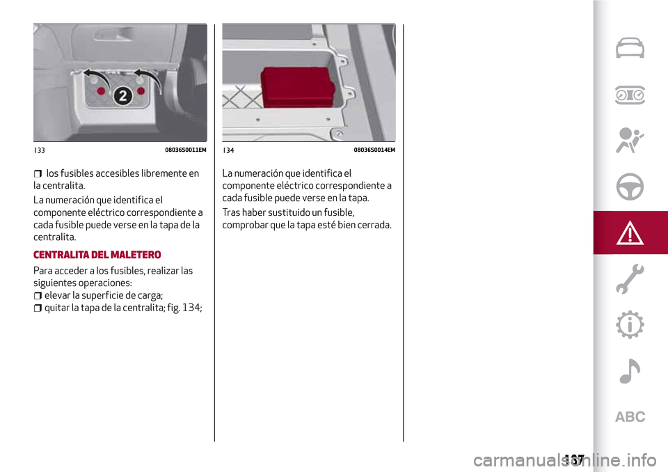 Alfa Romeo Giulia 2016  Manual del propietario (in Spanish) los fusibles accesibles libremente en
la centralita.
La numeración que identifica el
componente eléctrico correspondiente a
cada fusible puede verse en la tapa de la
centralita.
CENTRALITA DEL MALET