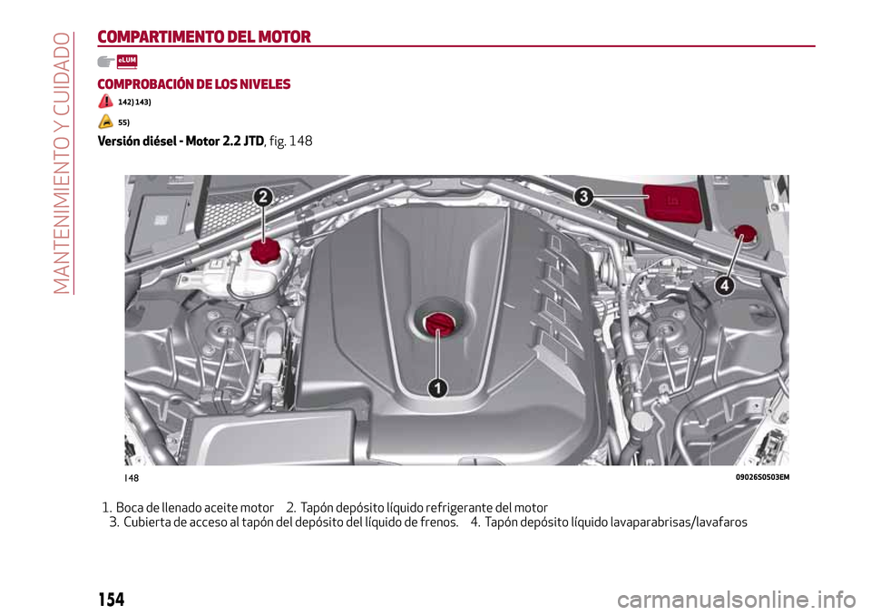 Alfa Romeo Giulia 2016  Manual del propietario (in Spanish) COMPARTIMENTO DEL MOTOR
COMPROBACIÓN DE LOS NIVELES
142) 143)
55)
Versión diésel - Motor 2.2 JTD, fig. 148
1. Boca de llenado aceite motor 2. Tapón depósito líquido refrigerante del motor
3. Cub