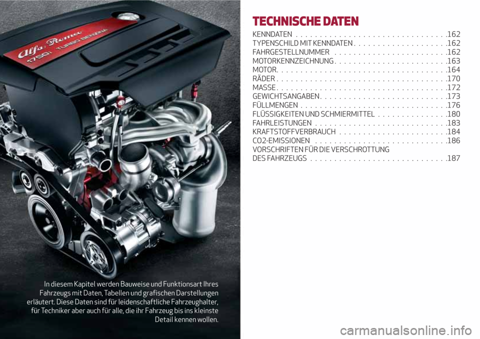 Alfa Romeo Giulietta 2018  Betriebsanleitung (in German) In diesem Kapitel werden Bauweise und Funktionsart Ihres
Fahrzeugs mit Daten, Tabellen und grafischen Darstellungen
erläutert. Diese Daten sind für leidenschaftliche Fahrzeughalter,
für Techniker a